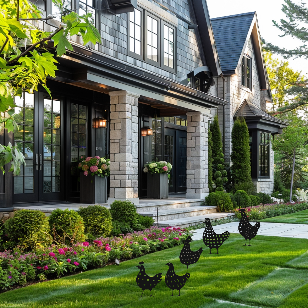 Black metal chicken farm wall signs dot a green lawn in front of a stone home.